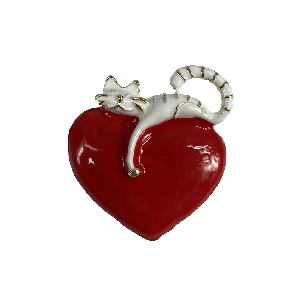 Gold Tone And White Striped Sleeping Cat Laying On A Red Heart Brooch Lapel Pin